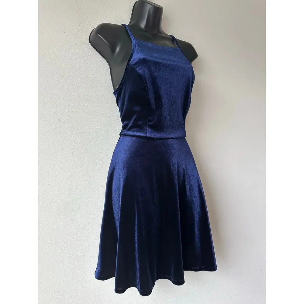 Y2K Blue Velvet Mini Dress Square Neck Fit Flare Party Cocktail Whimsy Goth S